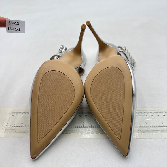 FSJ Metallic Silver Slingback Shoes Stiletto Heel Rhinestone Sandals - Picture 7 of 8